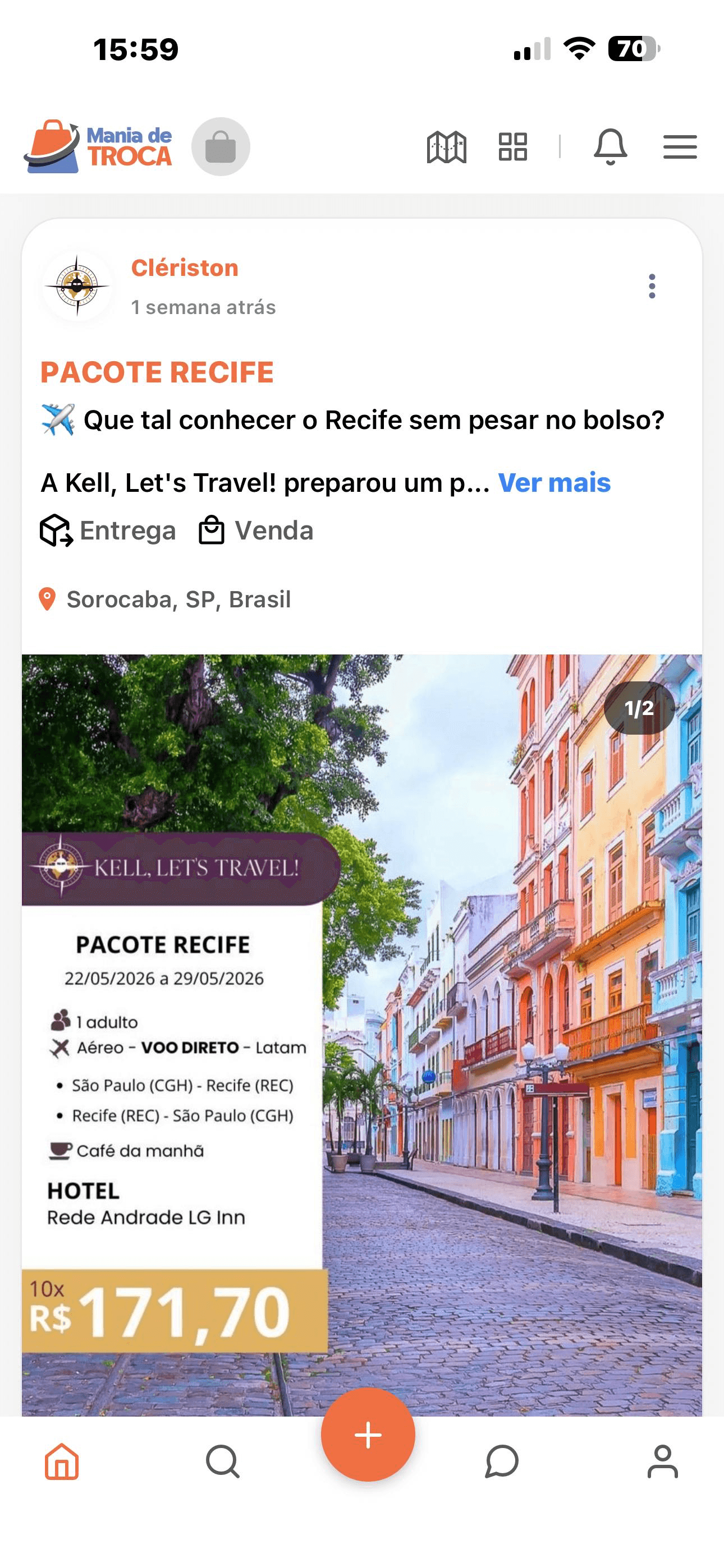 Tela do app Mania de Troca mostrando um anúncio no feed